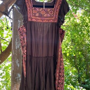 Free People Brown and Pink Embroidered Mini Dress
